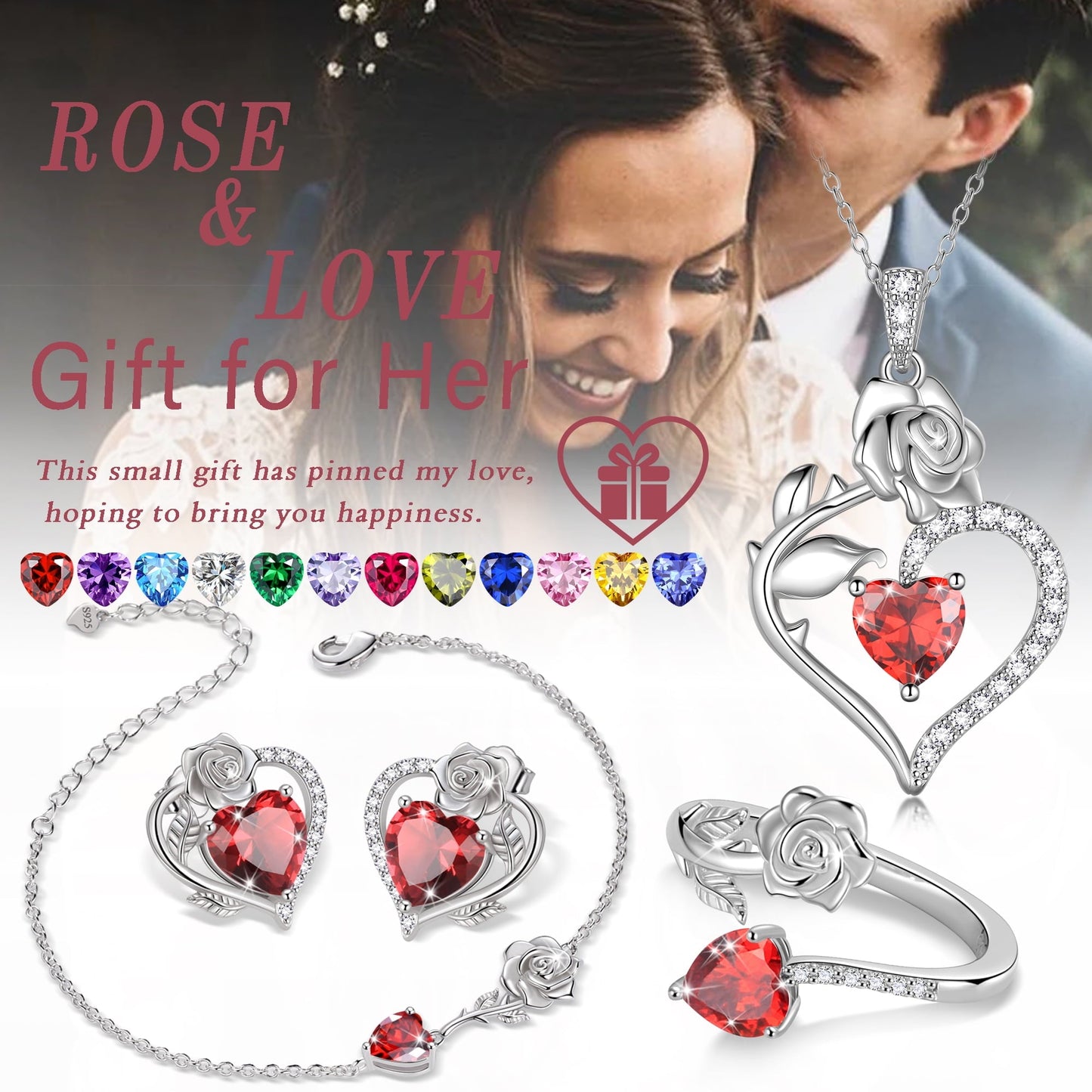 Beautlace Rose Heart Jewelry Set – December Birthstone 925 Sterling Silver Necklace, Earrings, Ring & Bracelet Gift for Women