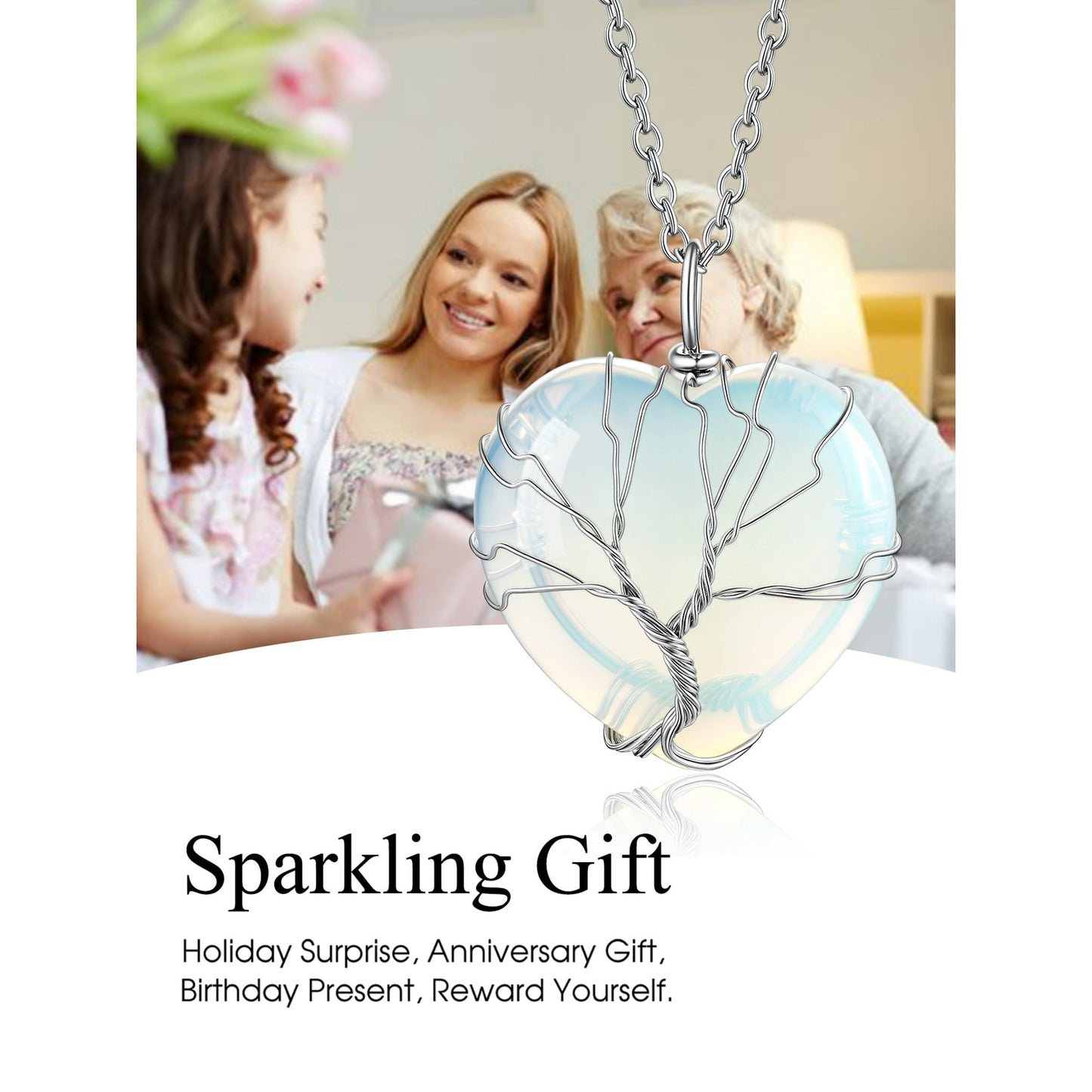Bestyle Crystal Tree of Life Necklace – June Birthstone Moonstone Pendant Gift for Women