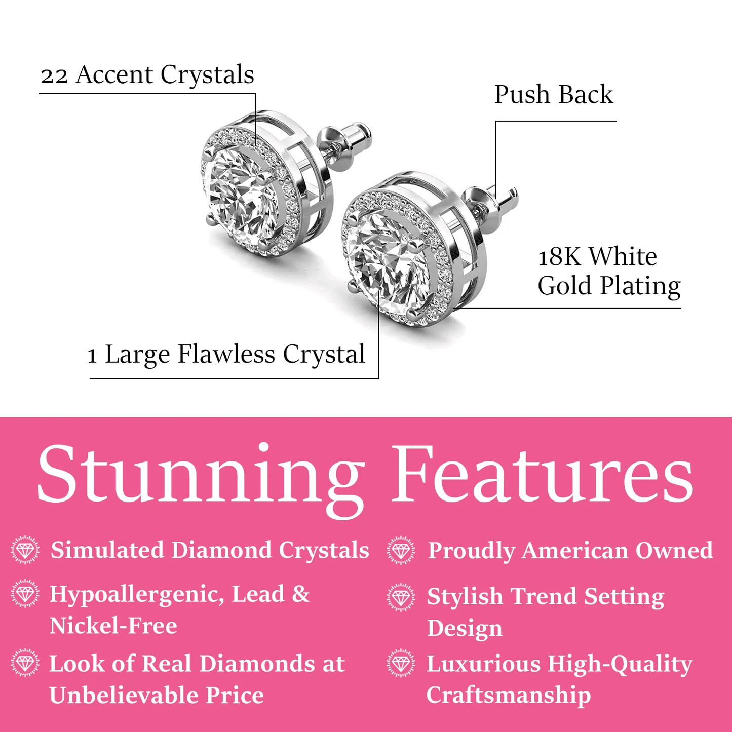Cate & Chloe Ariel 18k White Gold Halo Stud Earrings with Simulated Diamonds – Gift for Women