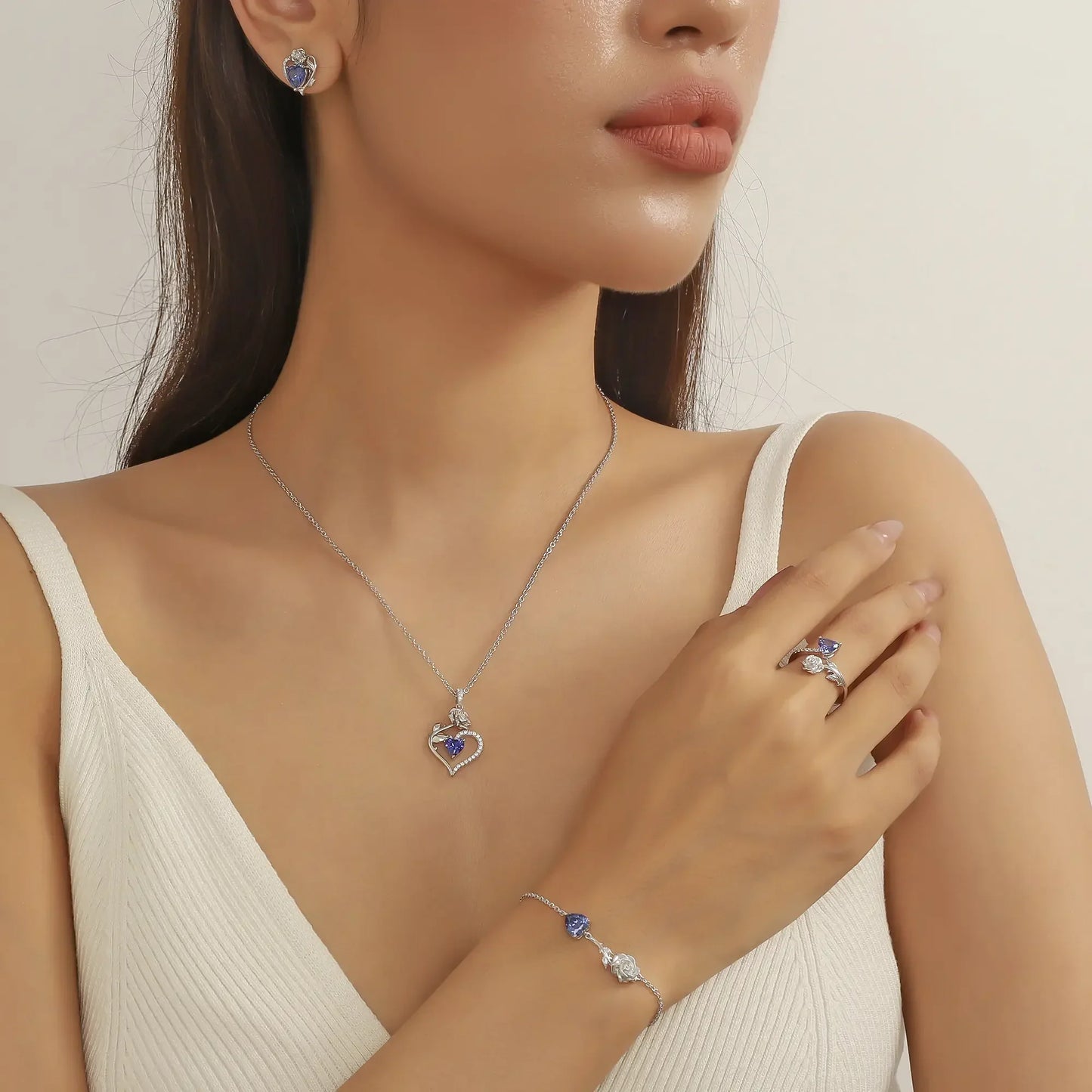 Beautlace Rose Heart Jewelry Set – December Birthstone 925 Sterling Silver Necklace, Earrings, Ring & Bracelet Gift for Women
