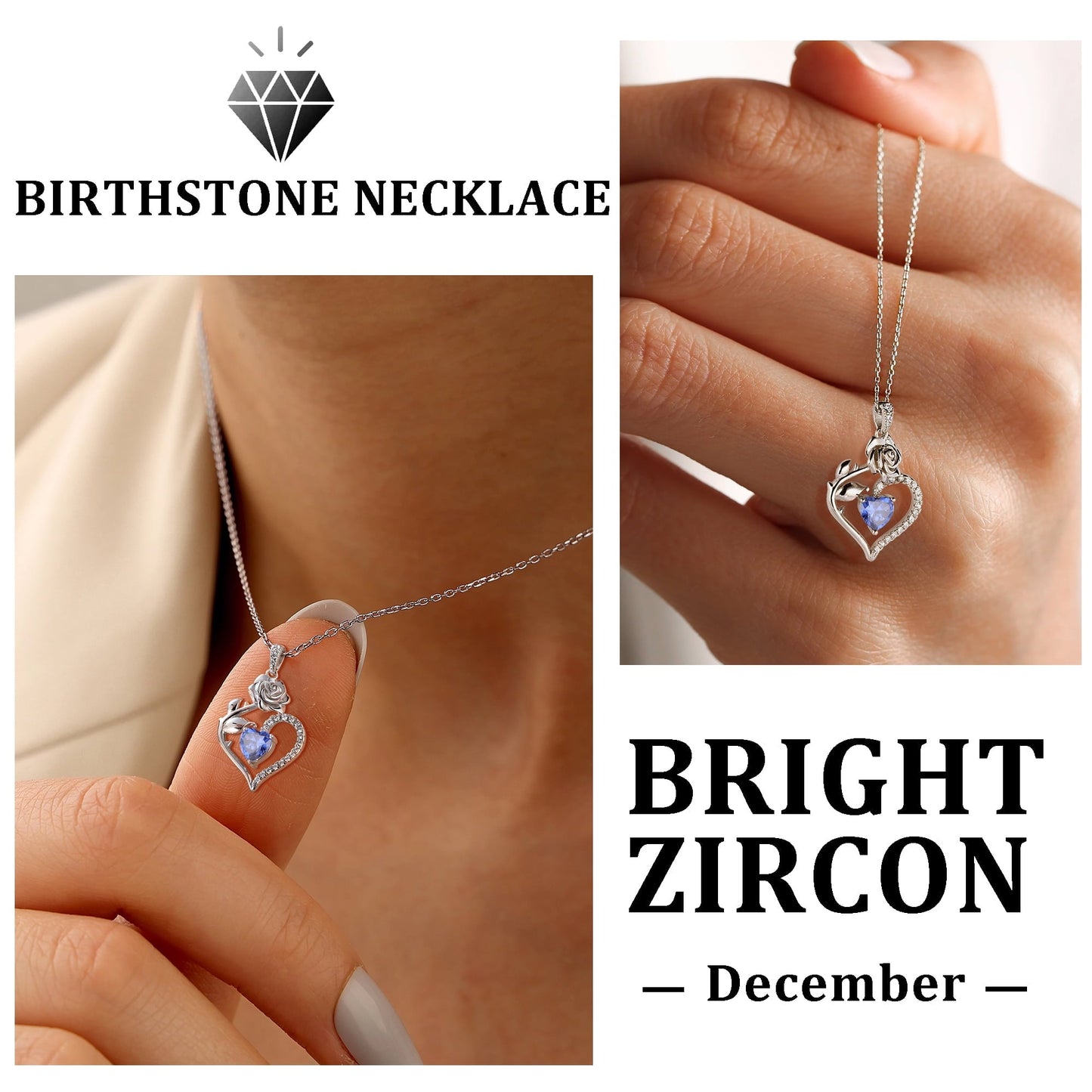 Beautlace Rose Heart Jewelry Set – December Birthstone 925 Sterling Silver Necklace, Earrings, Ring & Bracelet Gift for Women