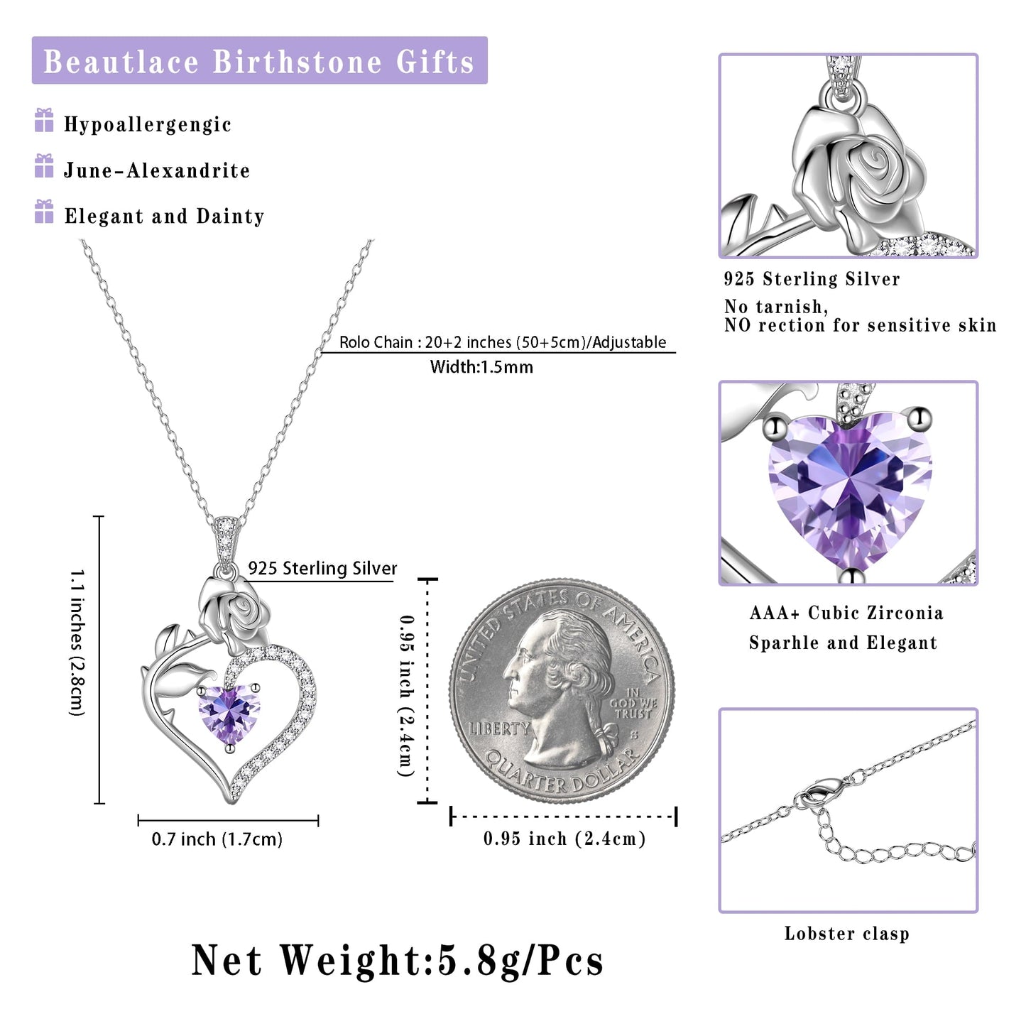 Beautlace 925 Sterling Silver Rose Heart Birthstone Necklace – Gift for Women, Mom, Wife
