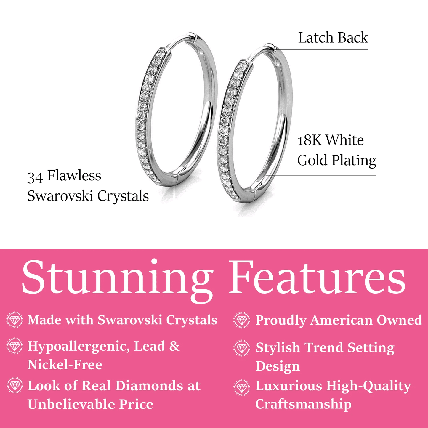 Cate & Chloe Bianca 18k White Gold Hoop Earrings with Swarovski Crystals – 25mm for Women