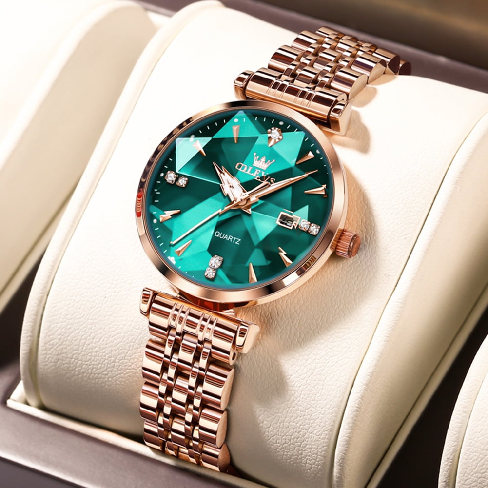 OLEVS Women Watch Fashion Rose Gold Diamond Analog Quartz Female Watch for Women Luxury Dress Ladies Stainless Steel Luminous Waterproof Date Wrist Watches Green Dial