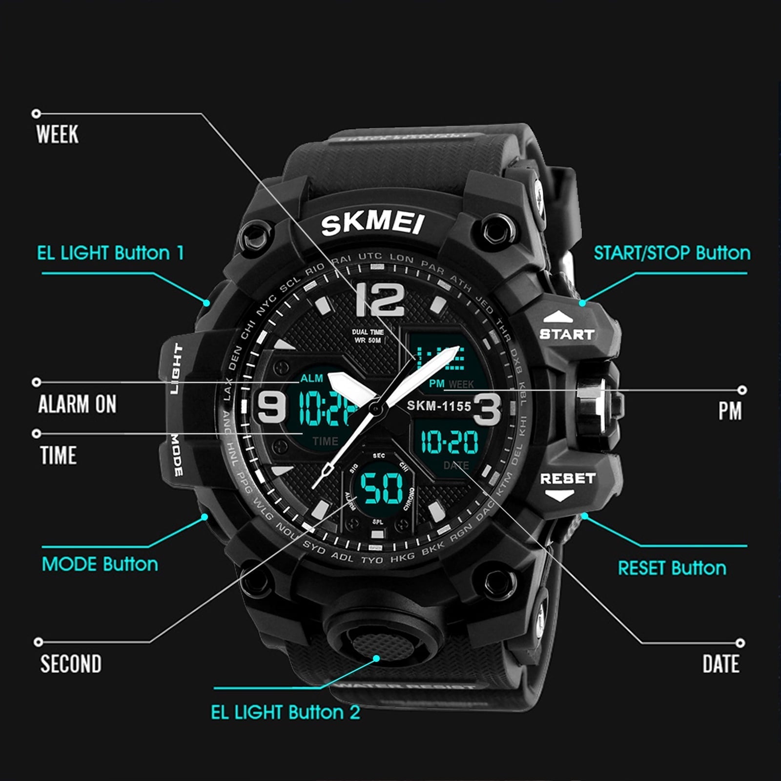 SKMEI Men's Military Watch, Waterproof Watches for Men with Stopwatch Alarm LED Back Light Sports Watch, Black