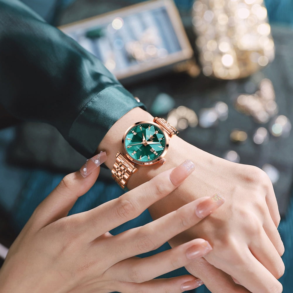 OLEVS Women Watch Fashion Rose Gold Diamond Analog Quartz Female Watch for Women Luxury Dress Ladies Stainless Steel Luminous Waterproof Date Wrist Watches Green Dial