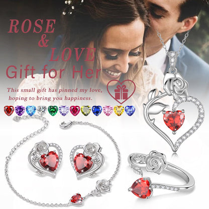 Beautlace Rose Heart Jewelry Set – December Birthstone 925 Sterling Silver Necklace, Earrings, Ring & Bracelet Gift for Women