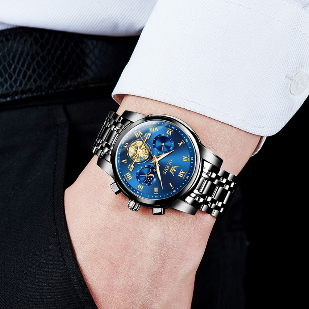 OLEVS Mens Watches Chronograph Business Dress Quartz Stainless Steel Waterproof Luminous Date Wrist Watch For Men Blue Dial