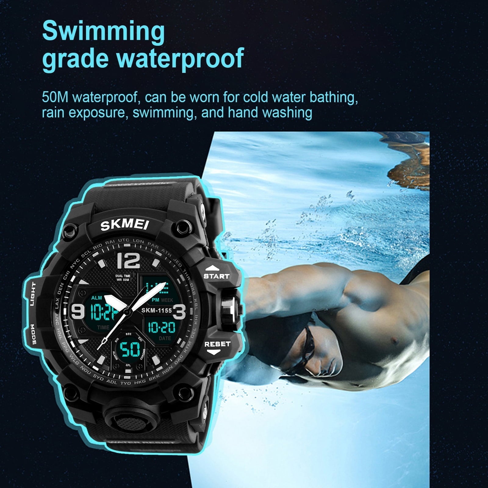 SKMEI Men's Military Watch, Waterproof Watches for Men with Stopwatch Alarm LED Back Light Sports Watch, Black