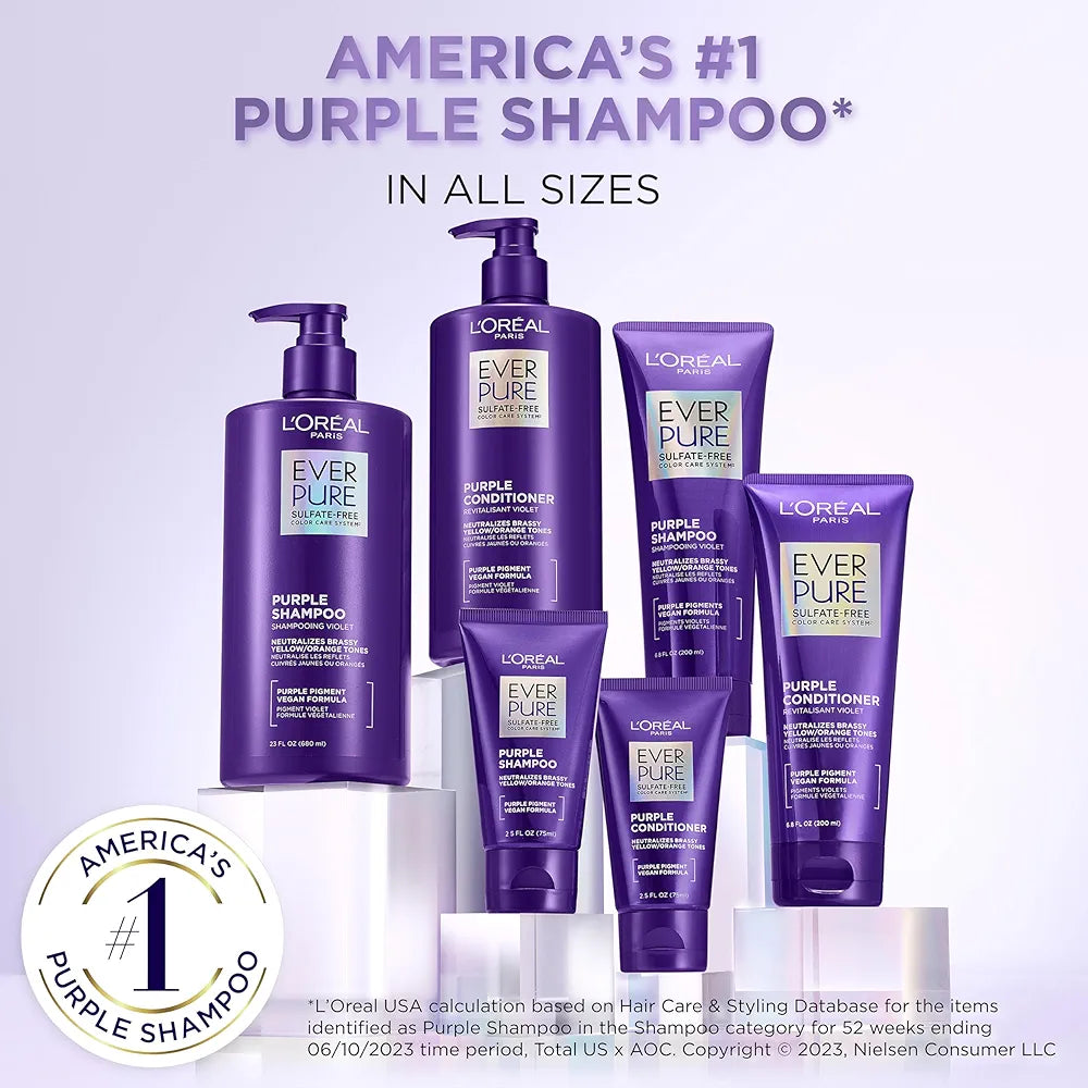 L’Oreal Paris Sulfate Free Brass Toning Purple Shampoo for Blonde, Bleached, Silver, or Brown Highlighted Hair, EverPure, 6.8 Fl Oz 