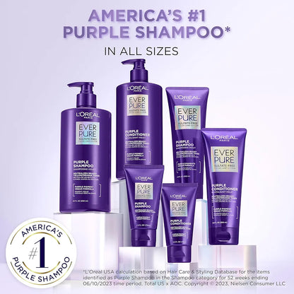 L’Oreal Paris Sulfate Free Brass Toning Purple Shampoo for Blonde, Bleached, Silver, or Brown Highlighted Hair, EverPure, 6.8 Fl Oz 