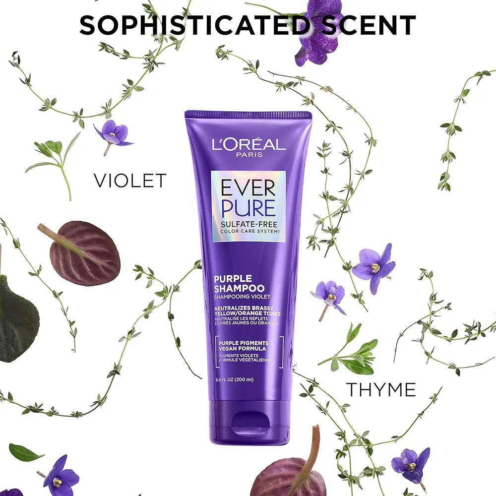 L’Oreal Paris Sulfate Free Brass Toning Purple Shampoo for Blonde, Bleached, Silver, or Brown Highlighted Hair, EverPure, 6.8 Fl Oz 