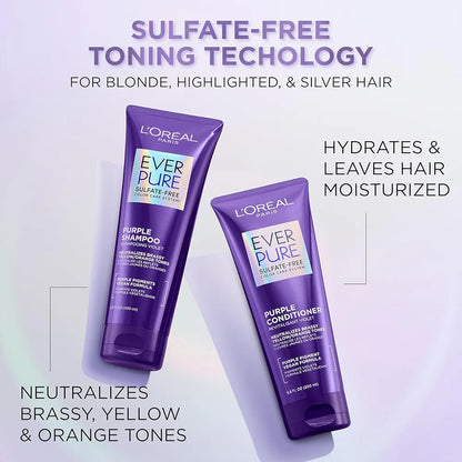 L’Oreal Paris Sulfate Free Brass Toning Purple Shampoo for Blonde, Bleached, Silver, or Brown Highlighted Hair, EverPure, 6.8 Fl Oz 