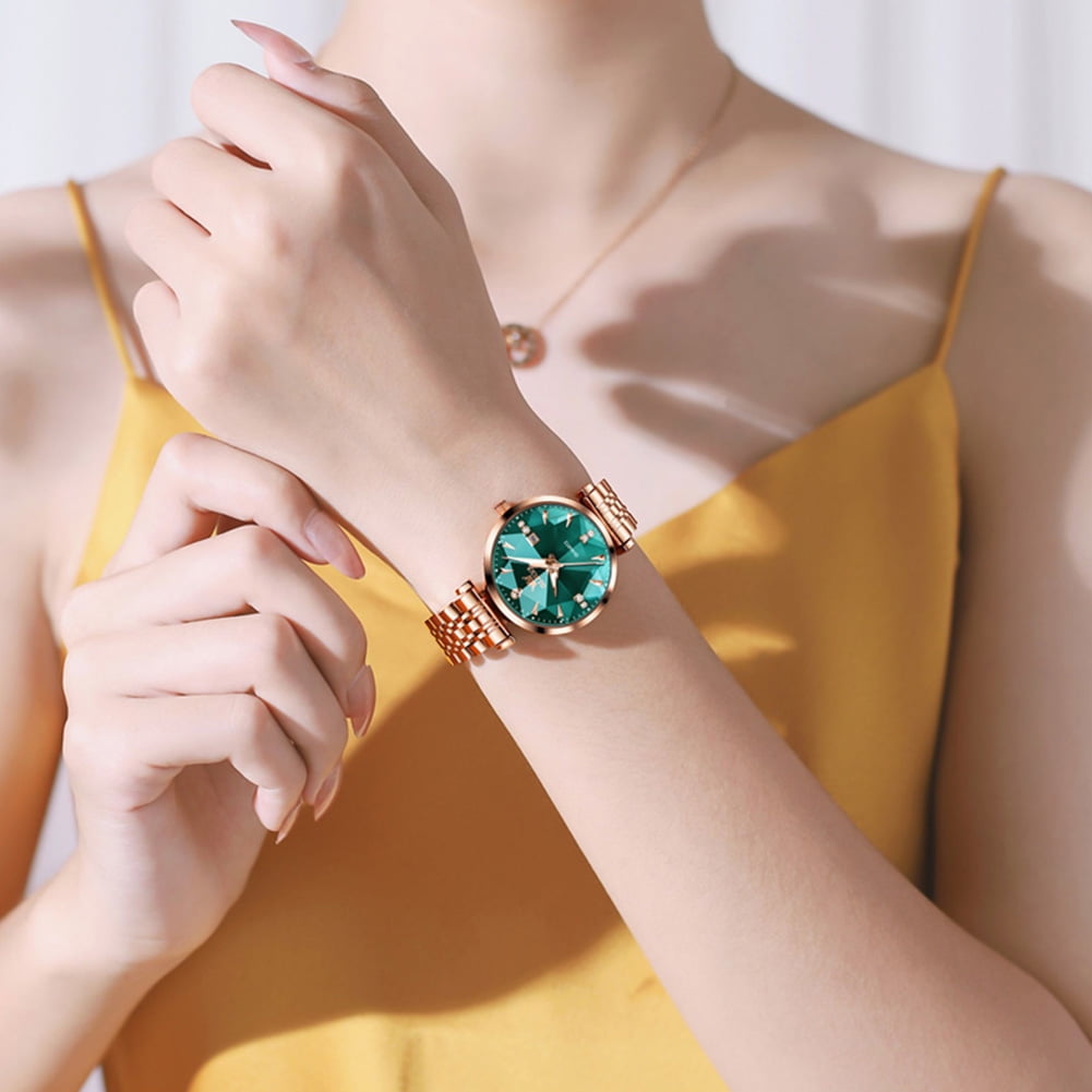 OLEVS Women Watch Fashion Rose Gold Diamond Analog Quartz Female Watch for Women Luxury Dress Ladies Stainless Steel Luminous Waterproof Date Wrist Watches Green Dial