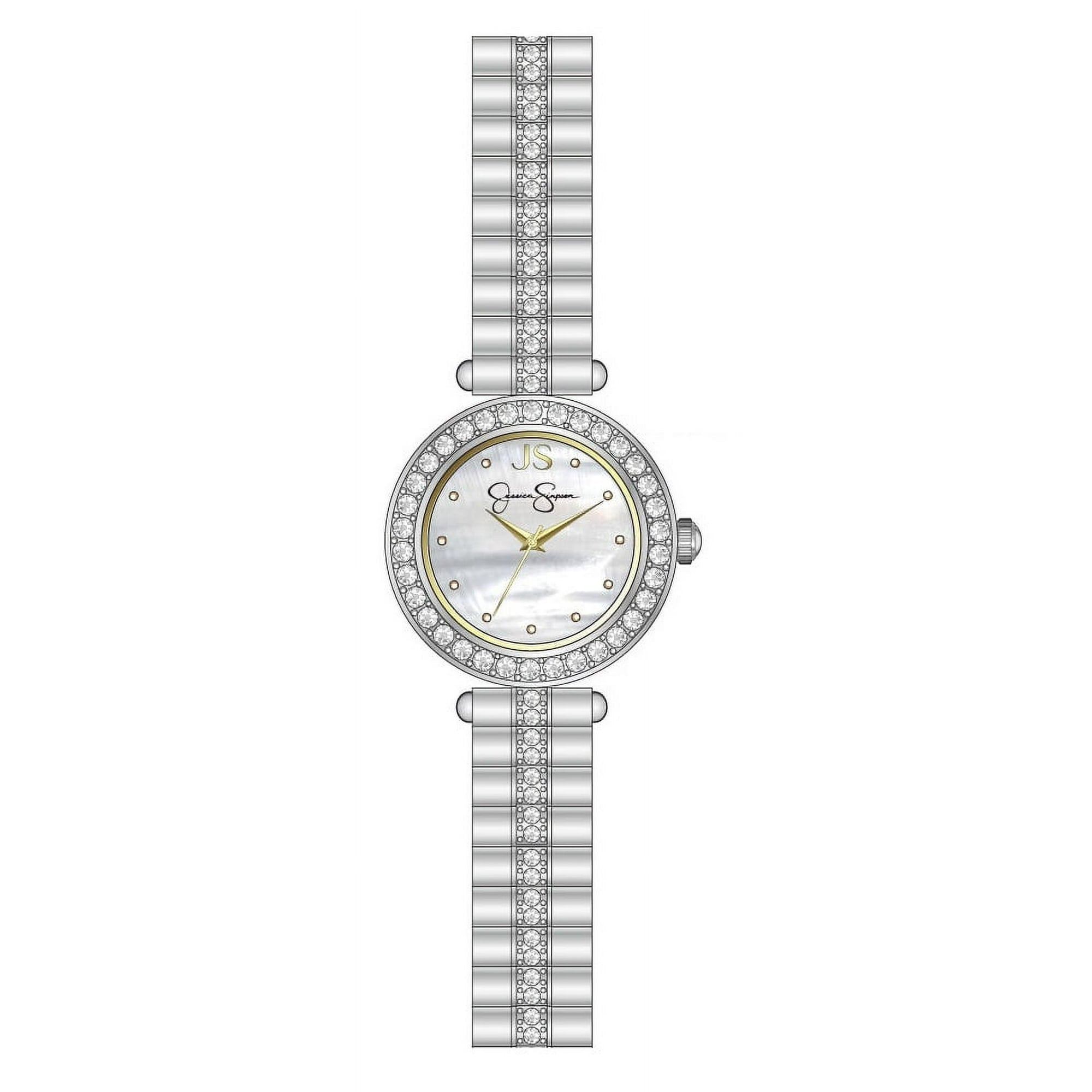 Jessica Simpson Ladies 22mm Silver Tone Mini Mother Of Pearl Dial Crystal Bezel Bracelet Watch