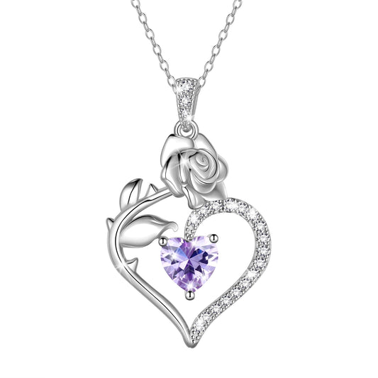 Beautlace 925 Sterling Silver Rose Heart Birthstone Necklace – Gift for Women, Mom, Wife