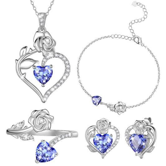 Beautlace Rose Heart Jewelry Set – December Birthstone 925 Sterling Silver Necklace, Earrings, Ring & Bracelet Gift for Women