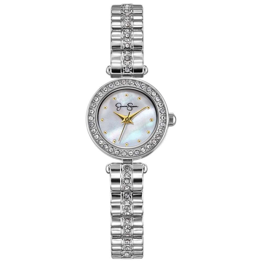 Jessica Simpson Ladies 22mm Silver Tone Mini Mother Of Pearl Dial Crystal Bezel Bracelet Watch