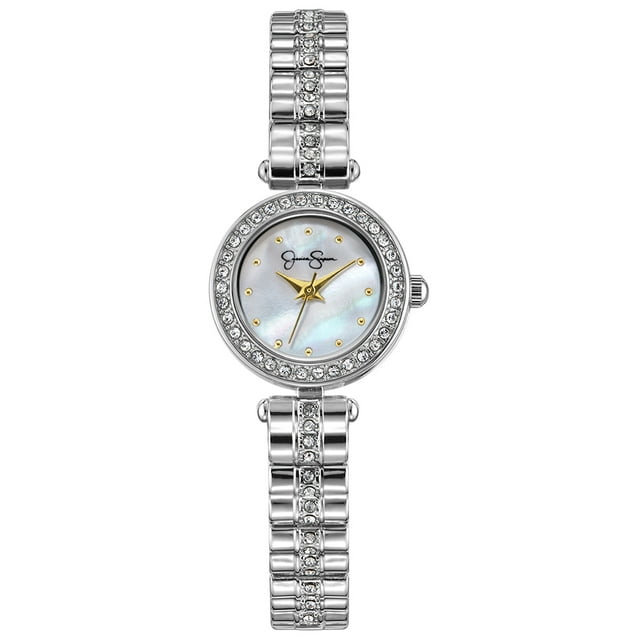 Jessica Simpson Ladies 22mm Silver Tone Mini Mother Of Pearl Dial Crystal Bezel Bracelet Watch