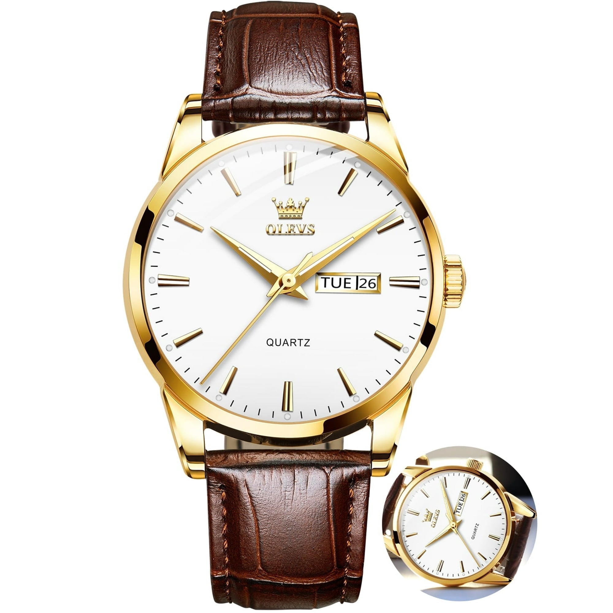 OLEVS Mens Watches,Brown Leather Watch for Men,Gold Plated Case Analog Quartz Fashion Business Dress Watch Luminous Waterproof Casual Male Wrist Watches Reloj para Hombre