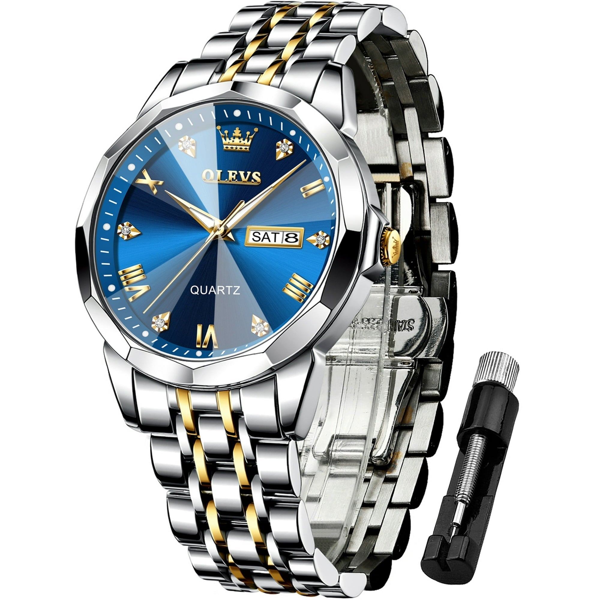 OLEVS Watch for Men Diamond Business Dress Analog Quartz Stainless Steel Waterproof Luminous Date Two Tone Luxury Casual Wrist Watch