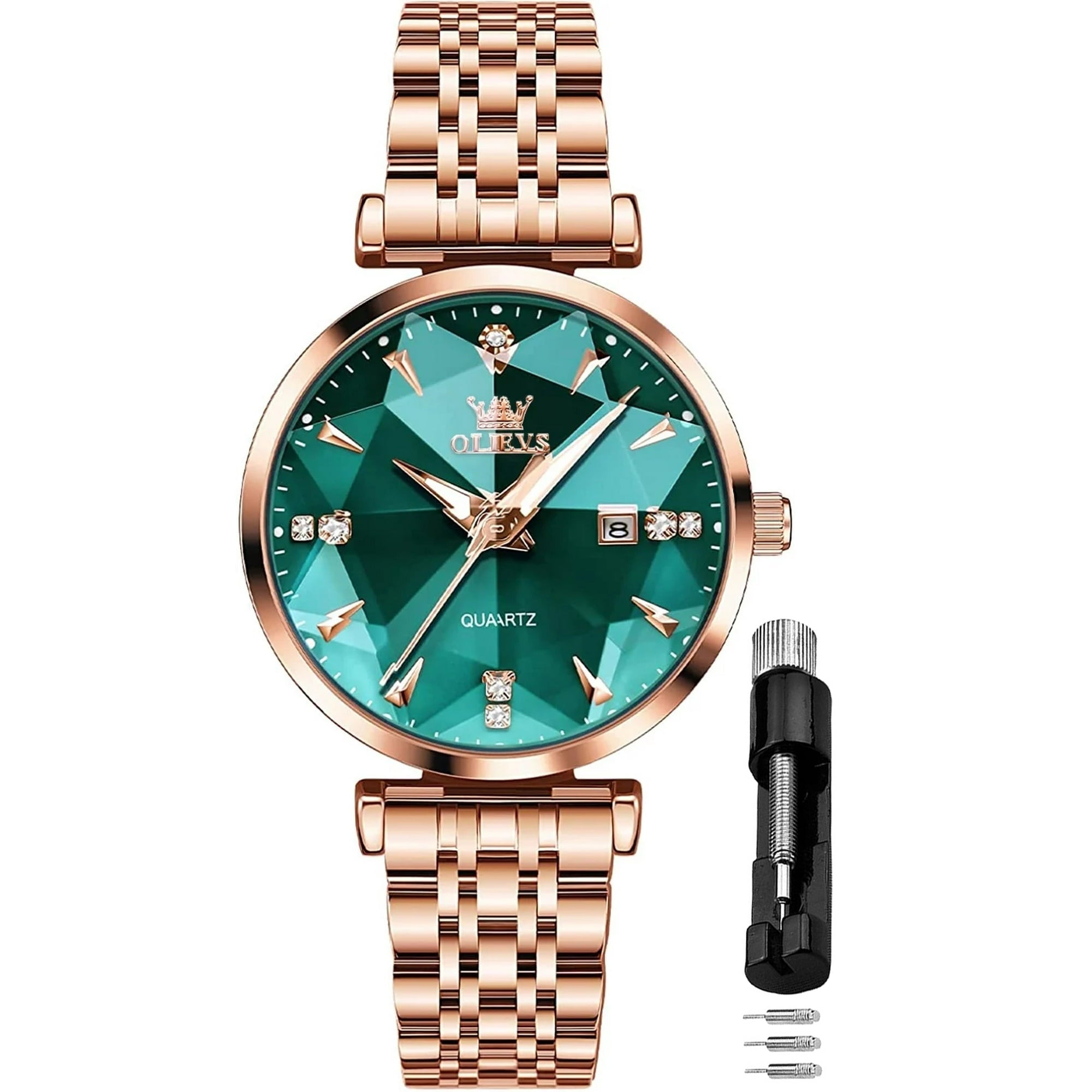 OLEVS Women Watch Fashion Rose Gold Diamond Analog Quartz Female Watch for Women Luxury Dress Ladies Stainless Steel Luminous Waterproof Date Wrist Watches Green Dial
