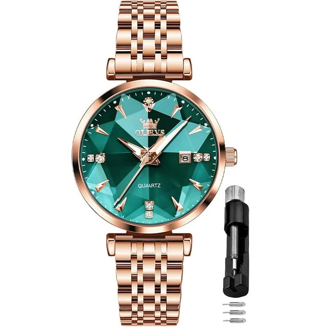 OLEVS Women Watch Fashion Rose Gold Diamond Analog Quartz Female Watch for Women Luxury Dress Ladies Stainless Steel Luminous Waterproof Date Wrist Watches Green Dial