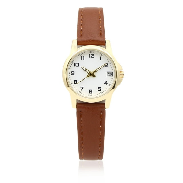 Time & Tru Ladies' Gold Tone Watch with PU Brown Strap and Date Function, 26.5 MM