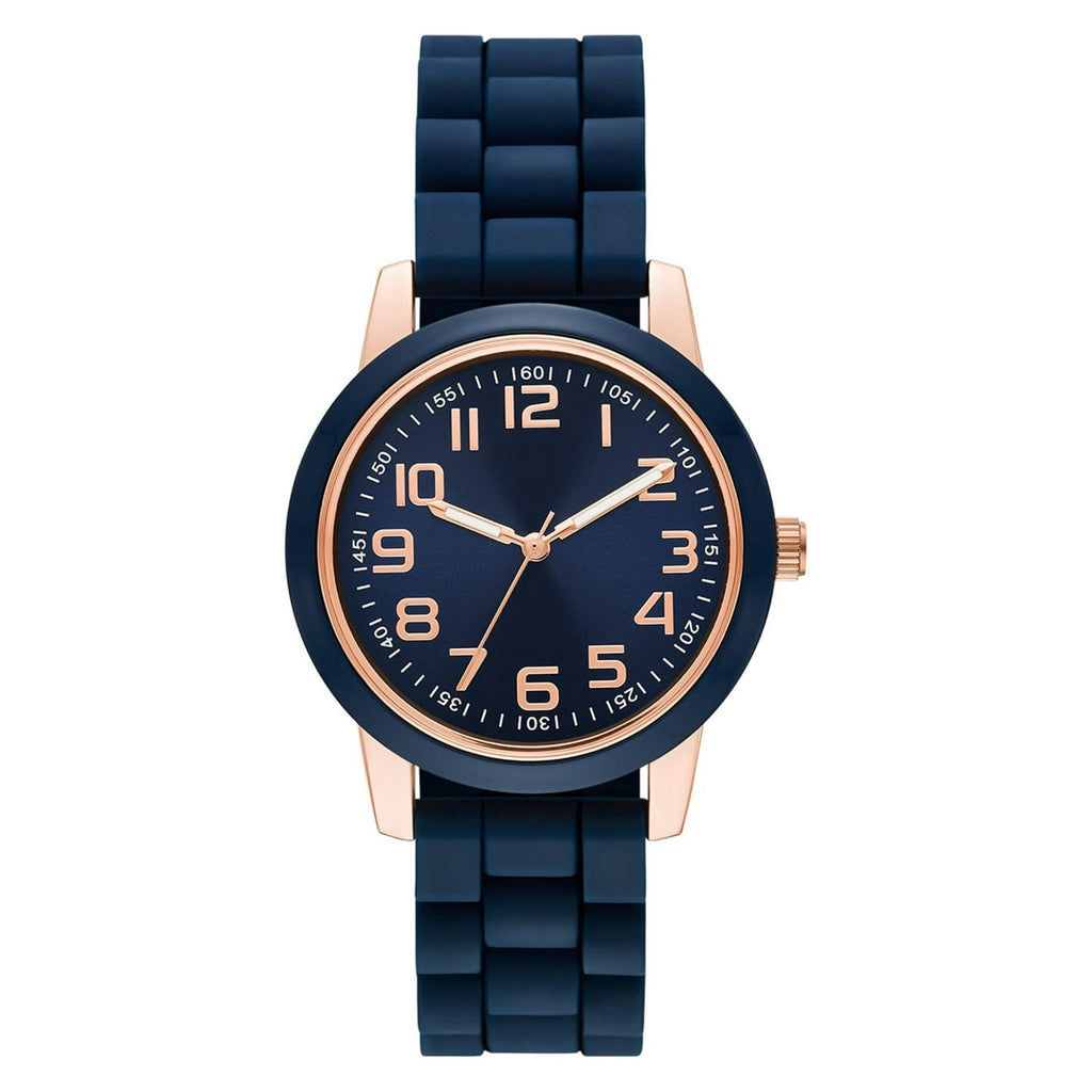 Time & Tru Women's Wristwatch: Rose Gold Case, Blue Bezel, Easy Read Dial, Silicone Strap (FMDOTT073)