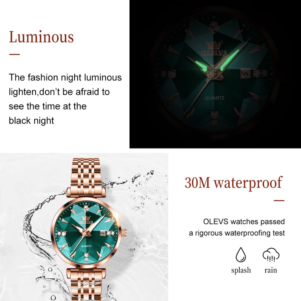 OLEVS Women Watch Fashion Rose Gold Diamond Analog Quartz Female Watch for Women Luxury Dress Ladies Stainless Steel Luminous Waterproof Date Wrist Watches Green Dial