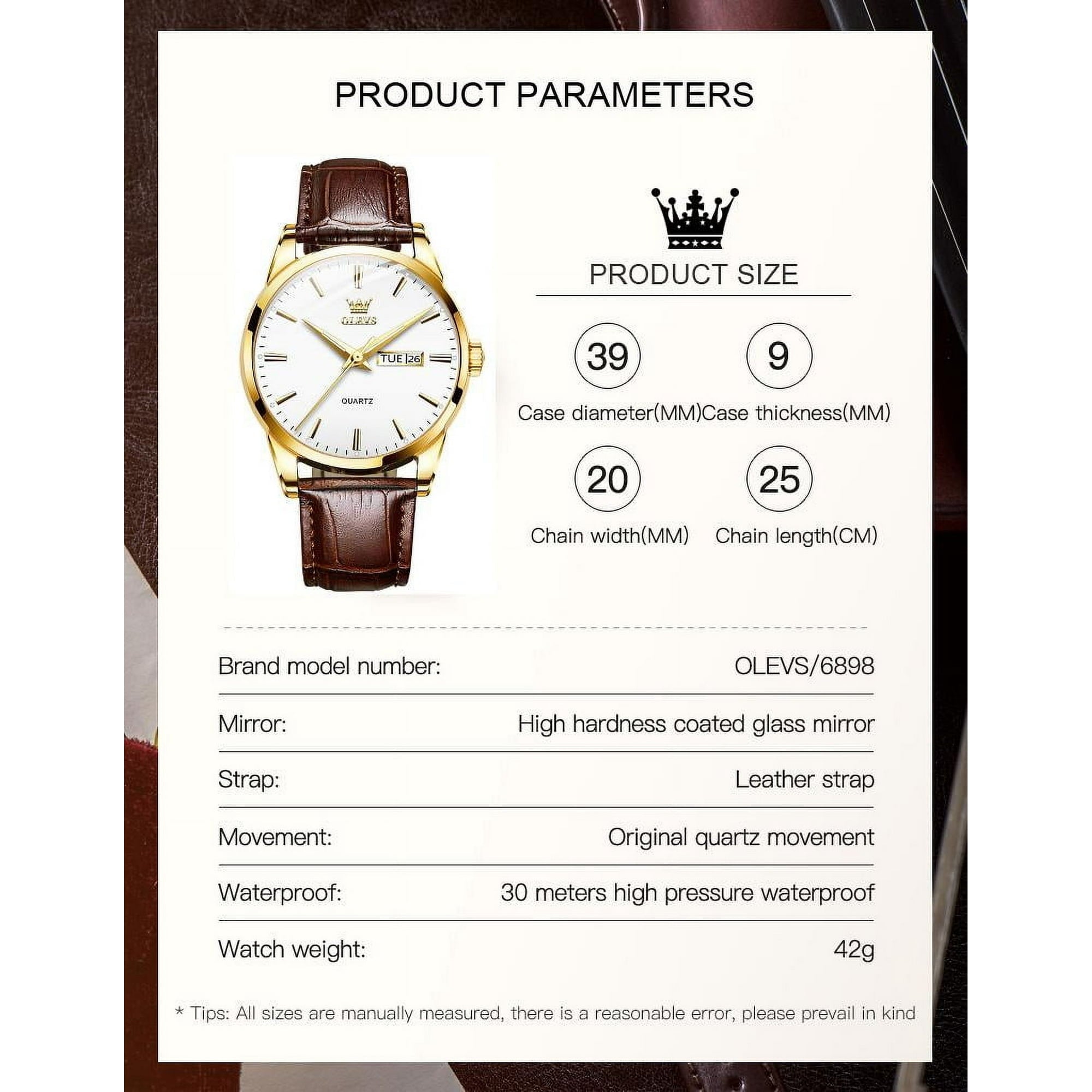 OLEVS Mens Watches,Brown Leather Watch for Men,Gold Plated Case Analog Quartz Fashion Business Dress Watch Luminous Waterproof Casual Male Wrist Watches Reloj para Hombre