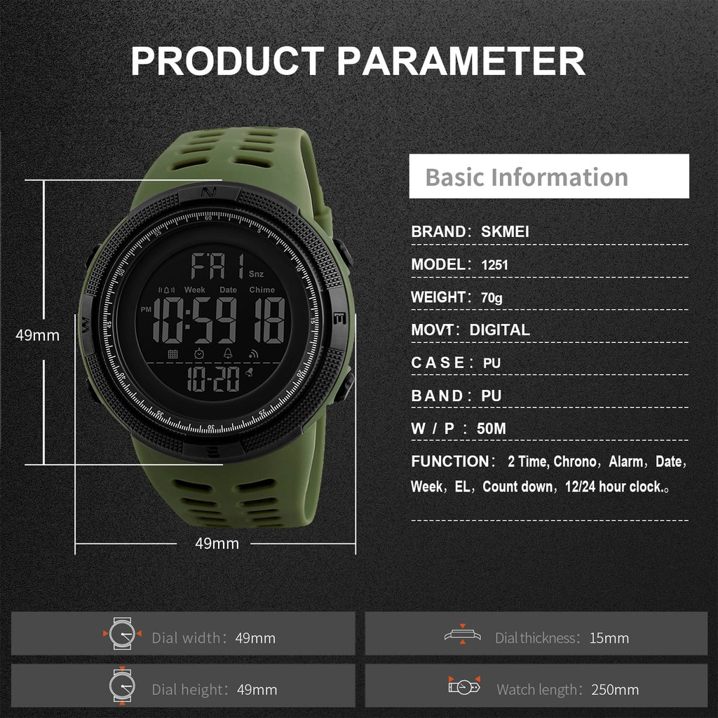 SKMEI Men's Watch Waterproof Digital Sport Watch  Military Digital Watches for men Alarm Back Light Classic Large face Watch Army Green