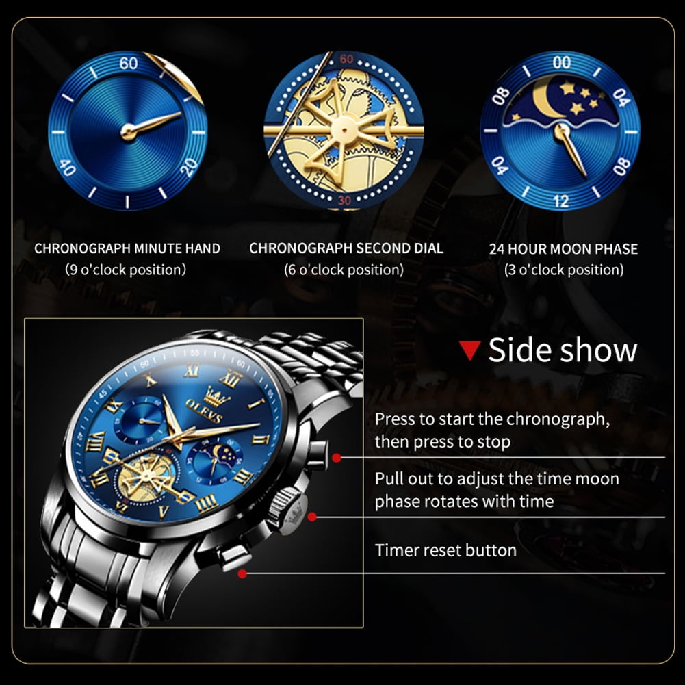 OLEVS Mens Watches Chronograph Business Dress Quartz Stainless Steel Waterproof Luminous Date Wrist Watch For Men Blue Dial