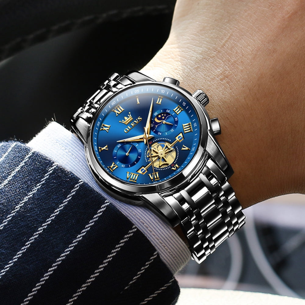 OLEVS Mens Watches Chronograph Business Dress Quartz Stainless Steel Waterproof Luminous Date Wrist Watch For Men Blue Dial