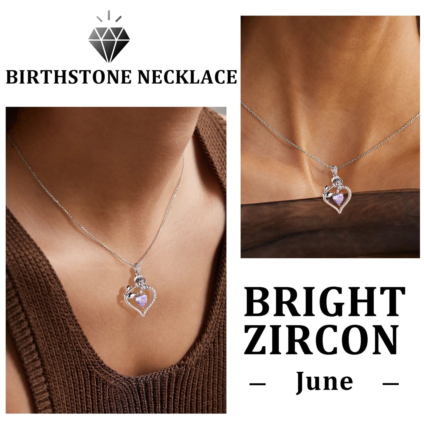 Beautlace 925 Sterling Silver Rose Heart Birthstone Necklace – Gift for Women, Mom, Wife